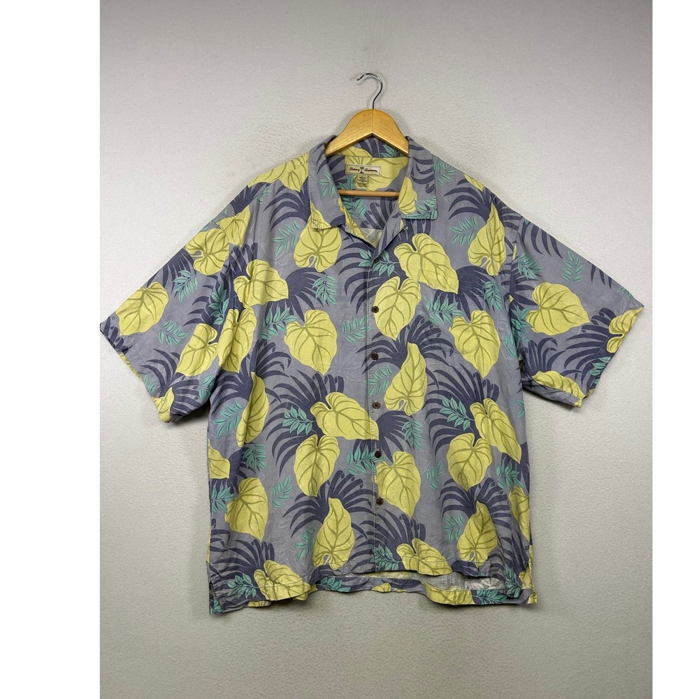 Tropical Aloha Tommy Bahama Mens XXL Purple 100% Silk Leaf Print Camp Shirt